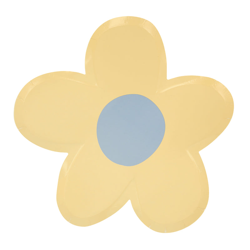 Yellow flower plate with blue center floral birthday theme from Parte Haus party supply store in Bethesda MD