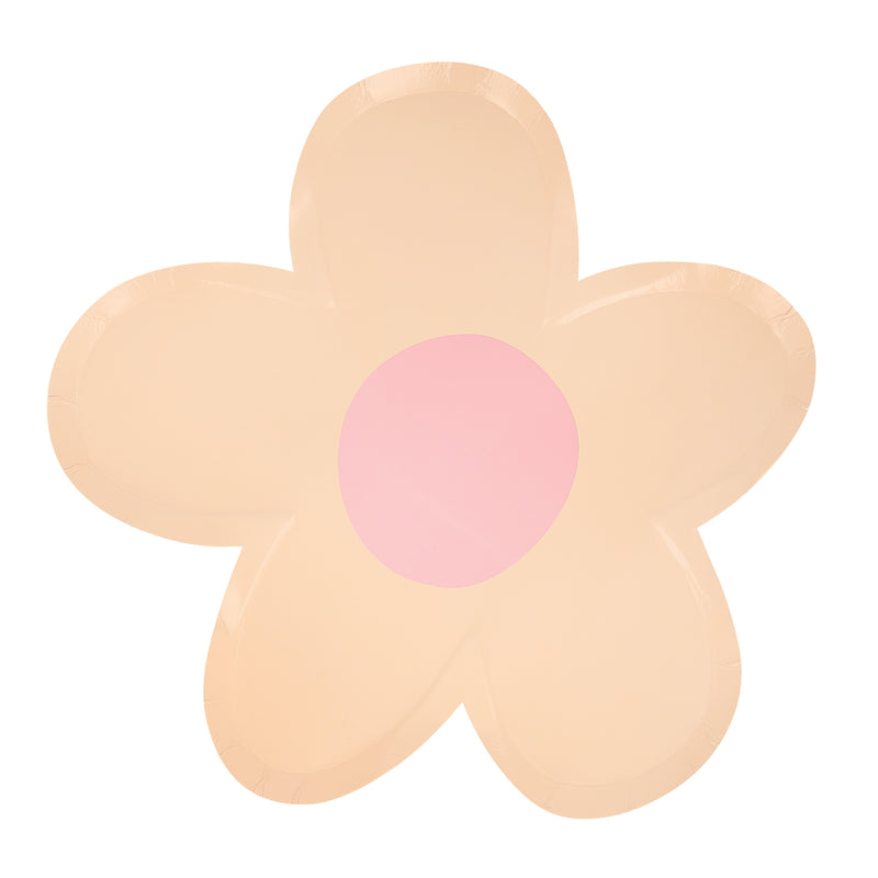 Peach flower shaped plate with pink center floral birthday theme from Parte Haus party supply store in Bethesda MD