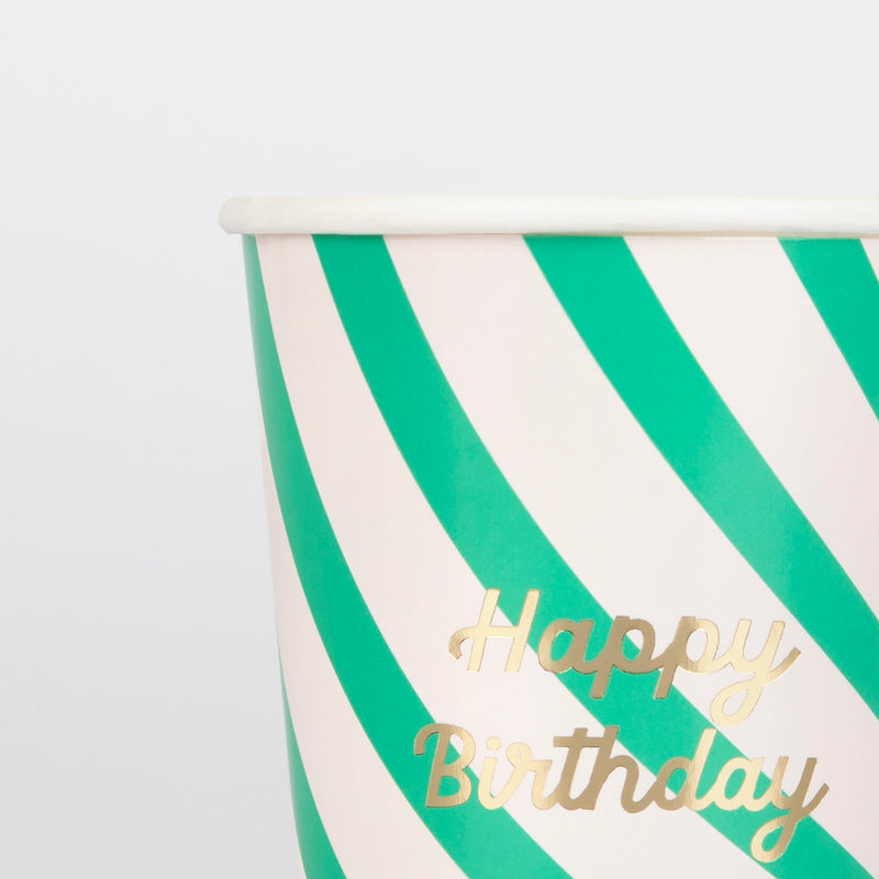 Green and white striped birthday paper cup with gold Happy Birthday text from Parte Haus party supply store in Bethesda MD