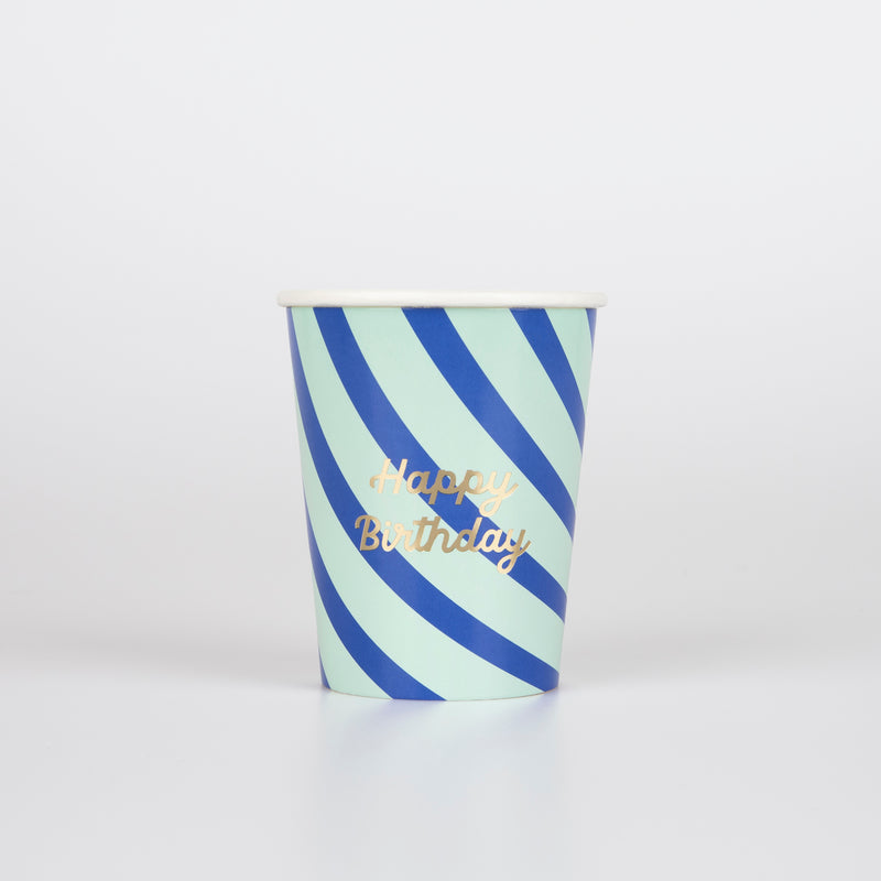 Blue and light green striped birthday paper cup with foil lettering for birthday party from Parte Haus party supply store in Bethesda MD