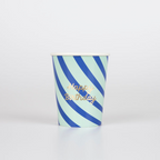 Blue and light green striped birthday paper cup with foil lettering for birthday party from Parte Haus party supply store in Bethesda MD