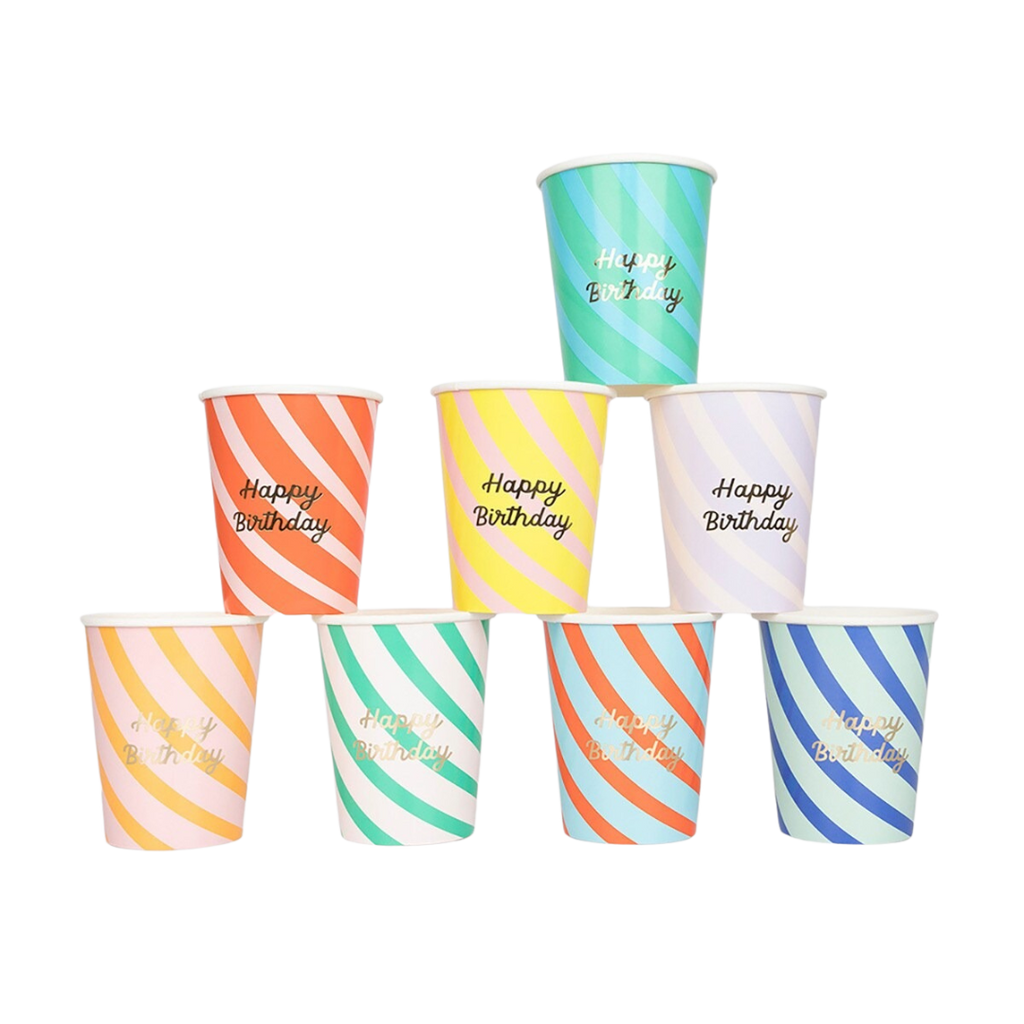 Multicolor striped birthday paper cups with Happy Birthday text for birthday party from Parte Haus party supply store in Bethesda MD