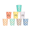 Multicolor striped birthday paper cups with Happy Birthday text for birthday party from Parte Haus party supply store in Bethesda MD