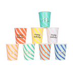 Multicolor striped birthday paper cups with Happy Birthday text for birthday party from Parte Haus party supply store in Bethesda MD