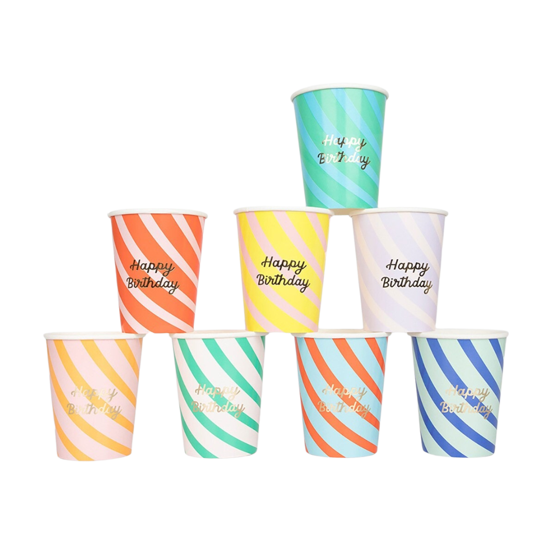 Multicolor striped birthday paper cups with Happy Birthday text for birthday party from Parte Haus party supply store in Bethesda MD