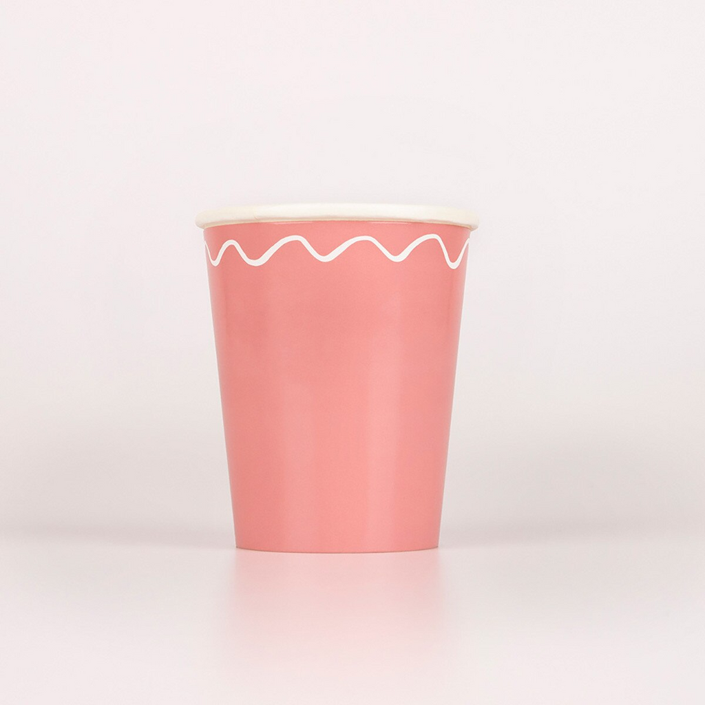 Pink paper cup with white wavy line for birthday from Parte Haus party supply store in Bethesda MD