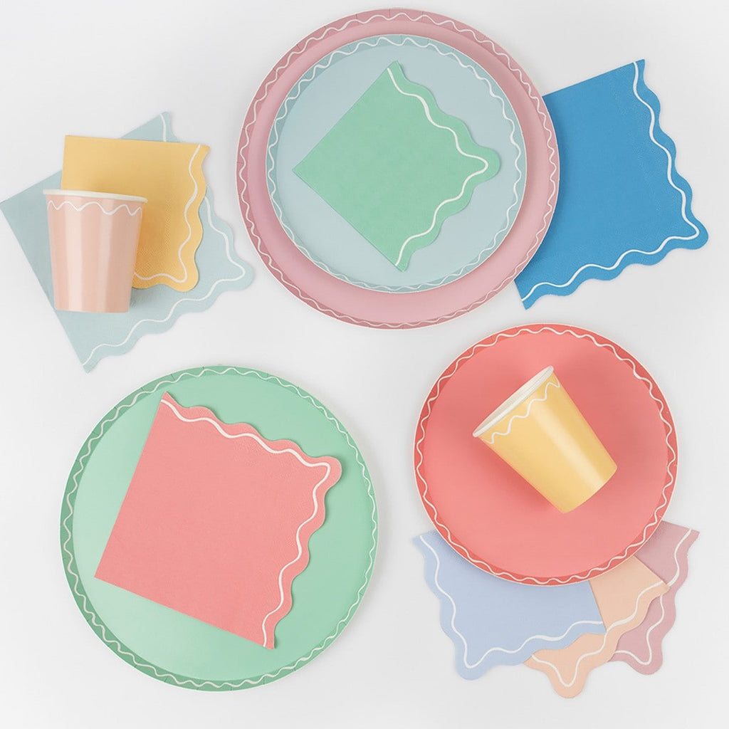 Pastel wavy edge plates cups and napkins tableware set for birthday from Parte Haus party supply store in Bethesda MD