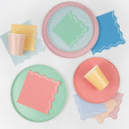Pastel wavy edge plates cups and napkins tableware set for birthday from Parte Haus party supply store in Bethesda MD