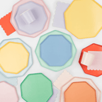 Colorful pastel and bright octagon plates with cups and napkins birthday theme from Parte Haus party supply store in Bethesda Maryland