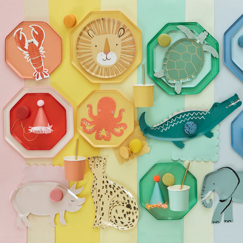 Colorful animal themed plates cups and napkins for kids birthday from Parte Haus party supply store in Bethesda Maryland