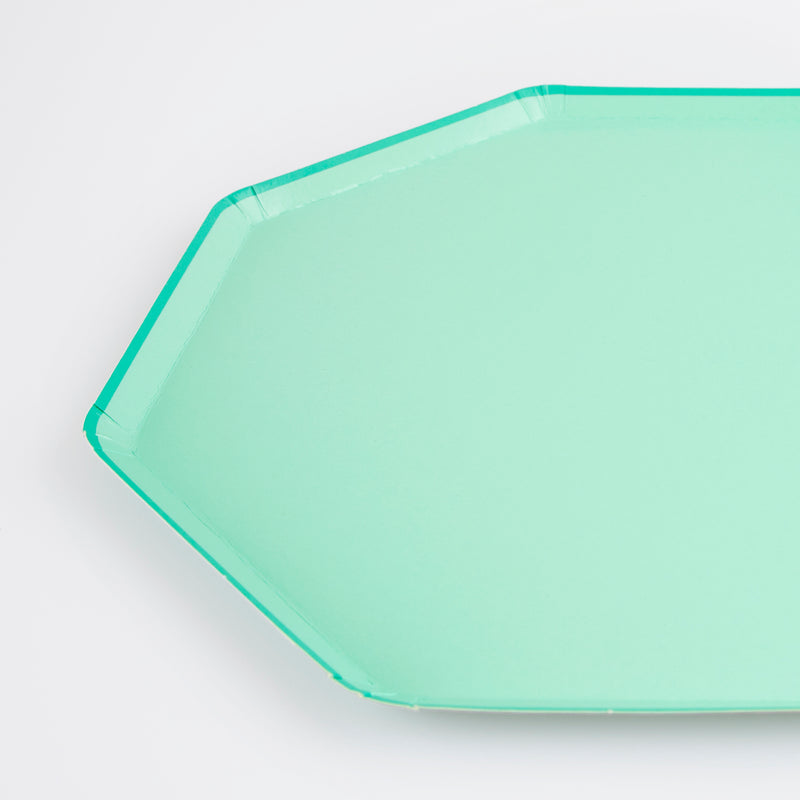 Mint green octagonal paper plate with glossy finish birthday theme from Parte Haus party supply store in Bethesda MD