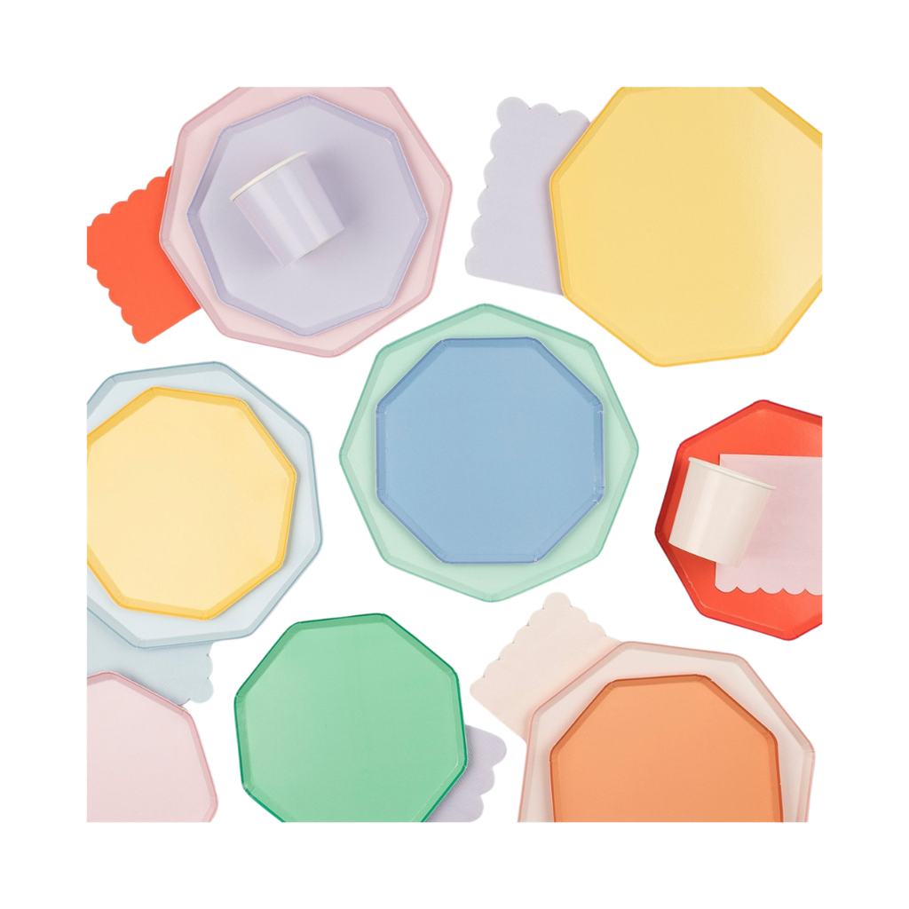 Pastel and bright colored octagon plates and cups flat lay birthday theme from Parte Haus party supply store in Bethesda MD