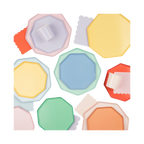 Pastel and bright colored octagon plates and cups flat lay birthday theme from Parte Haus party supply store in Bethesda MD