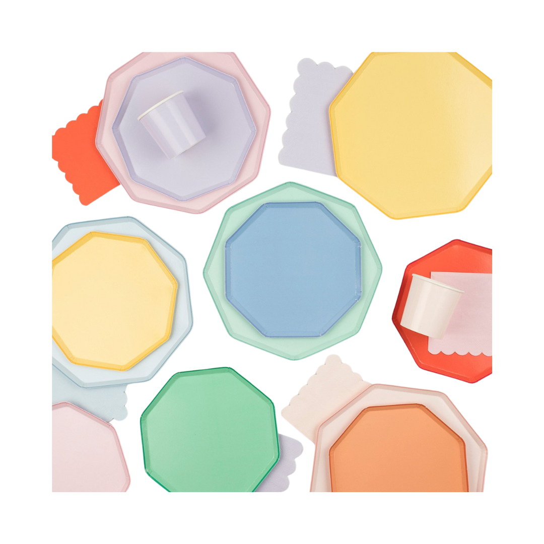 Pastel and bright colored octagon plates and cups flat lay birthday theme from Parte Haus party supply store in Bethesda MD
