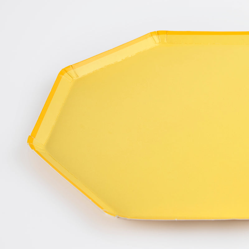 Yellow octagon paper plate with glossy finish birthday theme from Parte Haus party supply store in Bethesda MD
