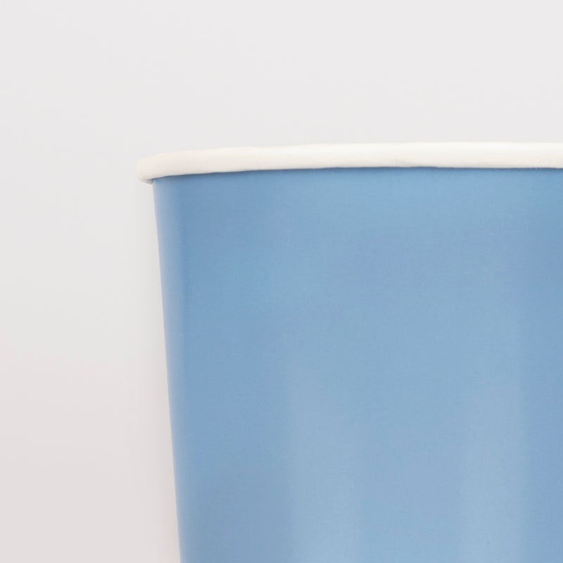 Blue paper cup with white rim for birthday from Parte Haus party supply store in Bethesda Maryland