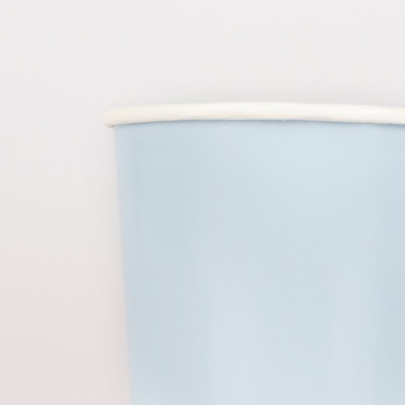 Light blue paper cup with white rim for baby shower from Parte Haus party supply store in Bethesda MD