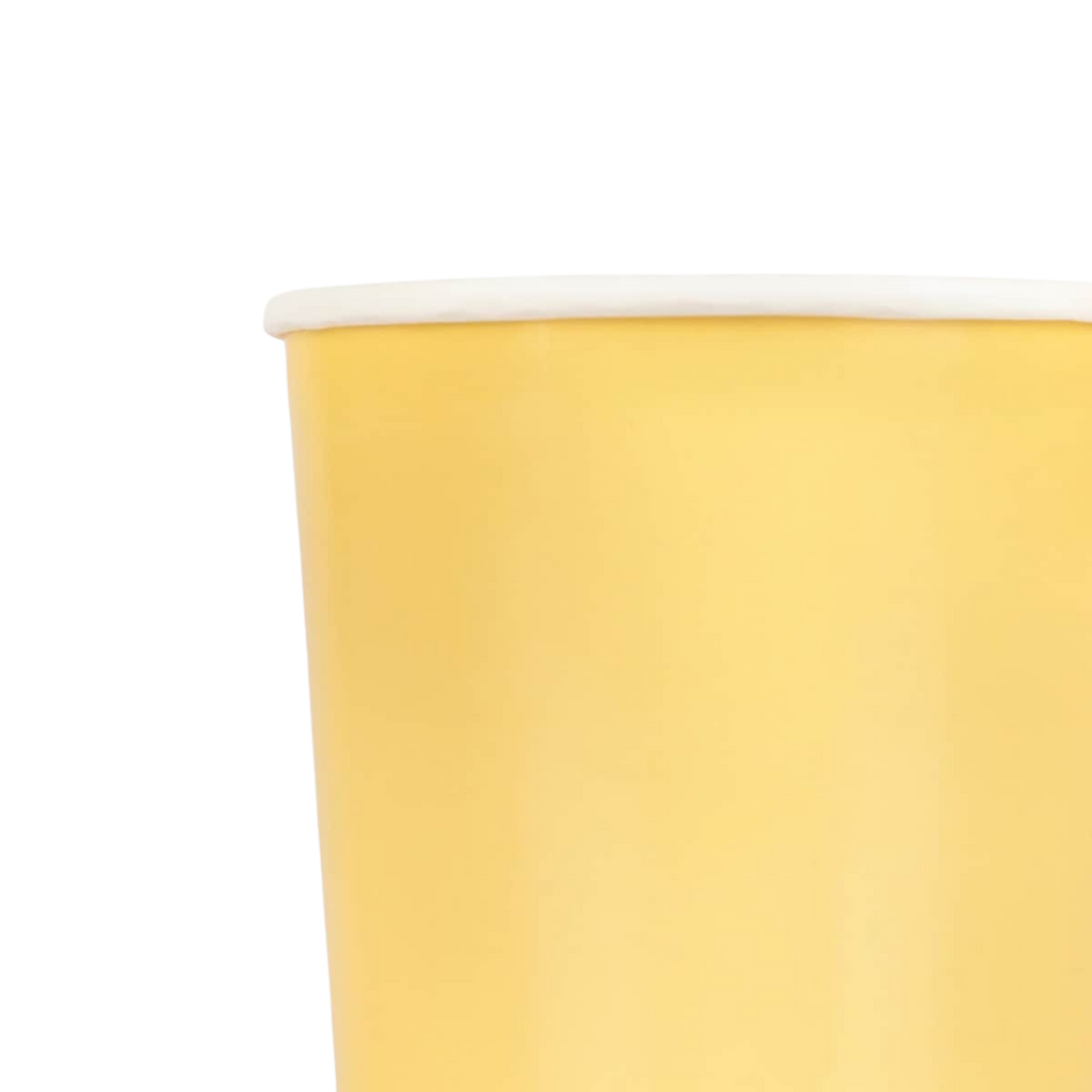 Yellow paper cup with white rim for birthday from Parte Haus party supply store in Bethesda Maryland