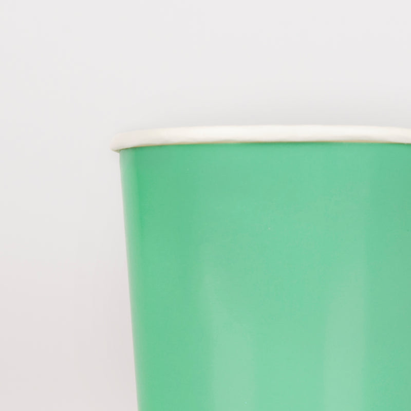 Green paper cup with white rim for celebrations from Parte Haus party supply store in Bethesda MD