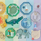 Pastel animal theme plates cups and decorations for kids birthday from Parte Haus party supply store in Bethesda Maryland