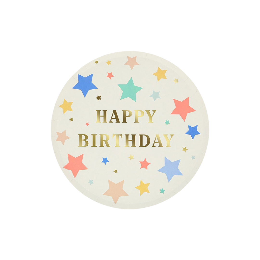 White happy birthday plate with colorful stars birthday from Parte Haus party supply store in Bethesda MD