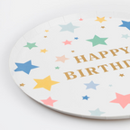 Colorful star paper plate with gold Happy Birthday text birthday theme from Parte Haus party supply store in Bethesda MD