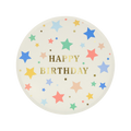 multi color happy birthday plate with gold lettering and star accents birthday theme from Parte Haus party supply store in Bethesda Maryland