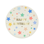 multi color happy birthday plate with gold lettering and star accents birthday theme from Parte Haus party supply store in Bethesda Maryland