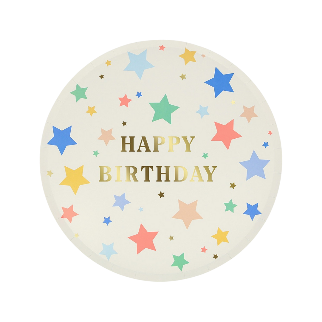 multi color happy birthday plate with gold lettering and star accents birthday theme from Parte Haus party supply store in Bethesda Maryland