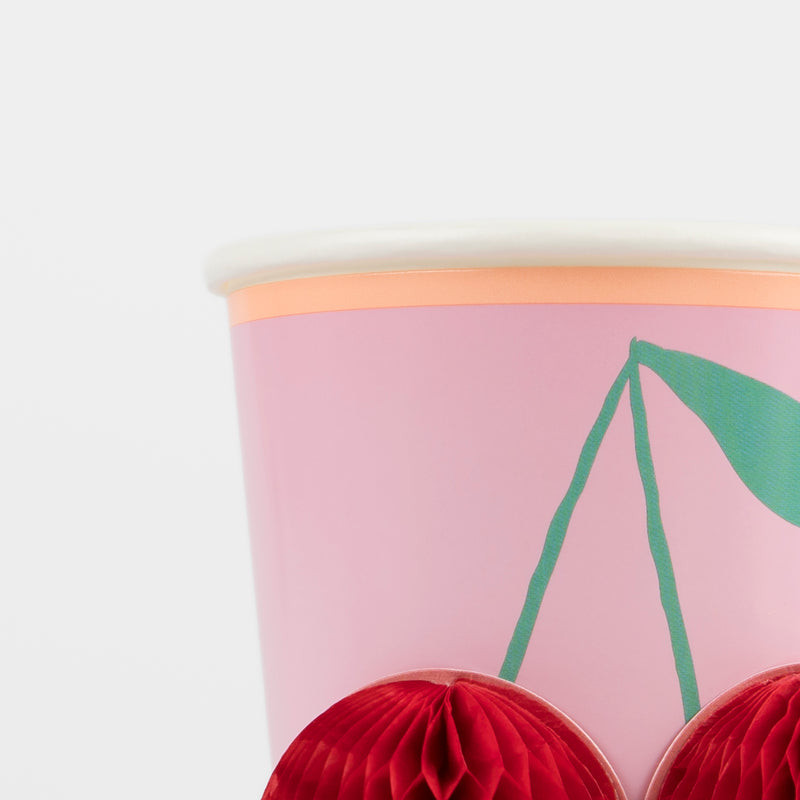 Pink cherry paper cup with green leaf detail for birthday celebration from Parte Haus party supply store in Bethesda MD