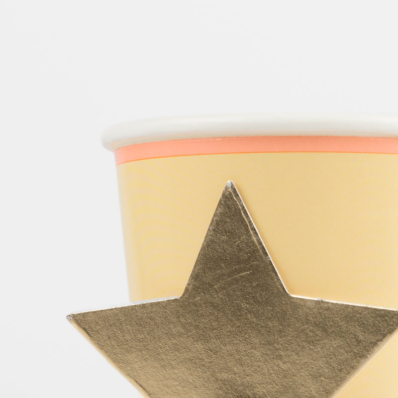 Yellow paper cup with gold star accent for birthday celebration from Parte Haus party supply store in Bethesda MD