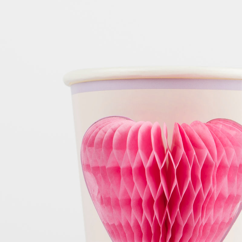 Pink heart paper cup with honeycomb texture for Valentine from Parte Haus party supply store in Bethesda MD