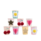 Colorful paper cups with cherry daisy heart and star decorations for birthday theme from Parte Haus party supply store in Bethesda MD