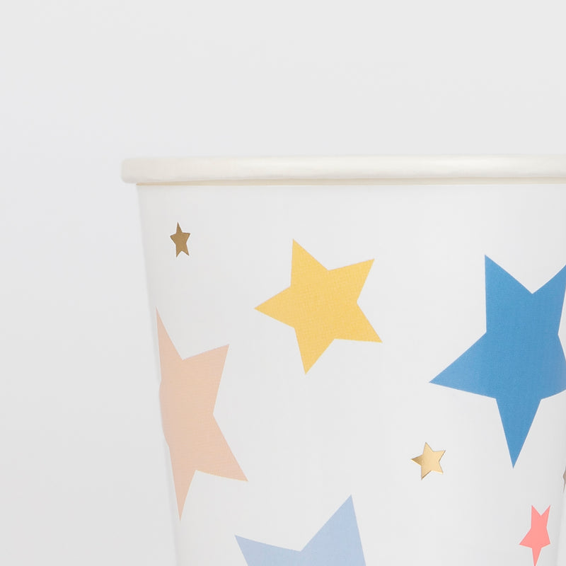 Multicolor star paper cup with pastel and gold stars birthday celebration from Parte Haus party supply store in Bethesda MD