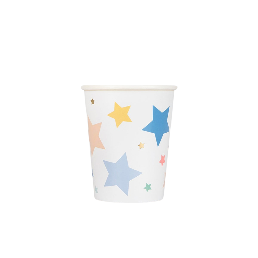 Multi color stars paper cup with star pattern birthday theme from Parte Haus party supply store in Bethesda MD