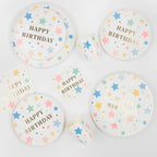 Pastel multicolor happy birthday plates cups napkins star pattern birthday set from Parte Haus party supply store in Bethesda MD