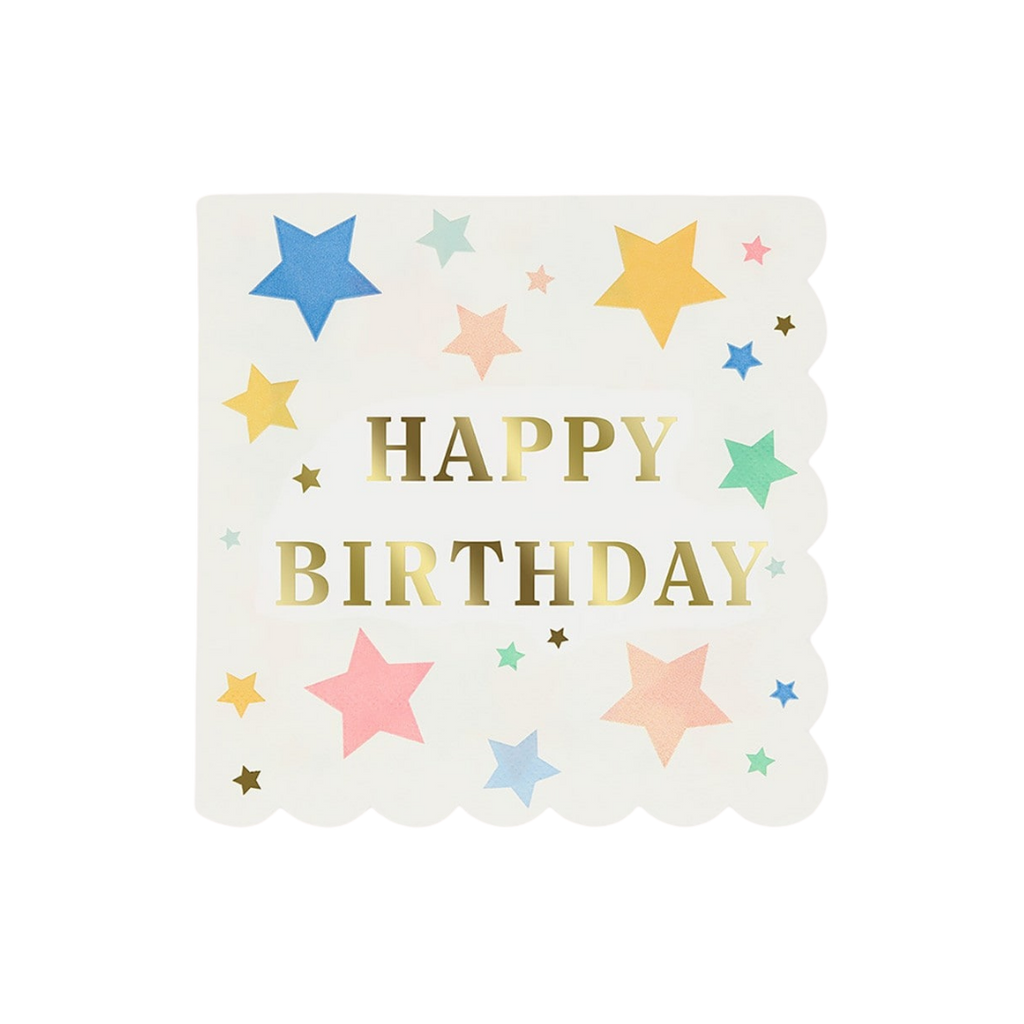 Multicolor star happy birthday napkin with gold letters for birthday from Parte Haus party supply store in Bethesda MD