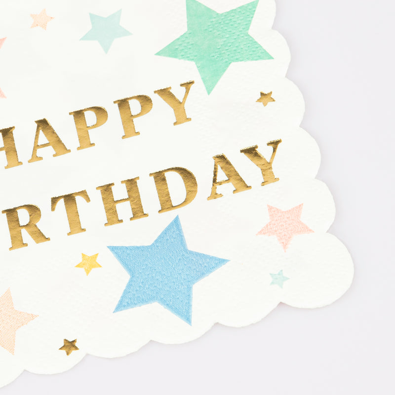 White and gold happy birthday napkin with colorful stars birthday from Parte Haus party supply store in Bethesda MD