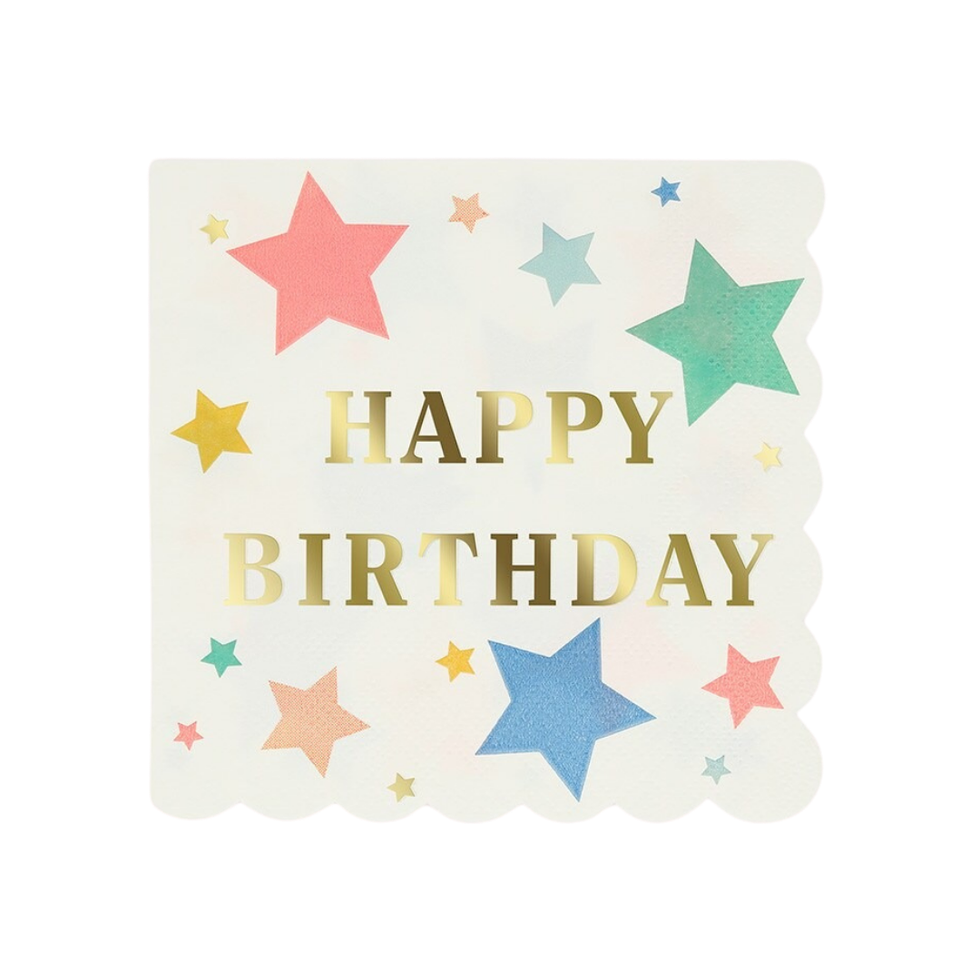 Multicolor star birthday napkin with gold foil text birthday theme from Parte Haus party supply store in Bethesda MD