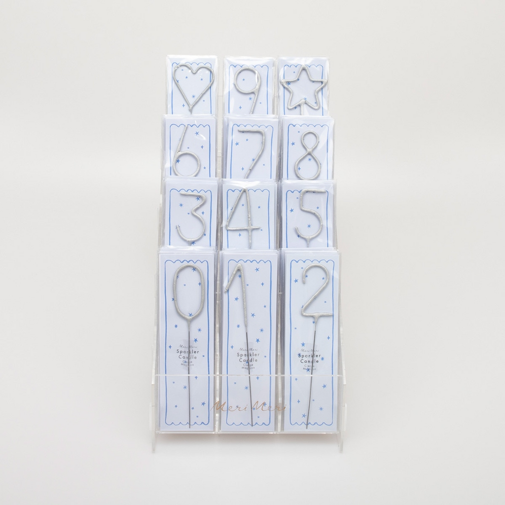 Silver number and shape sparkler candles for birthday from Parte Haus party supply store in Bethesda MD