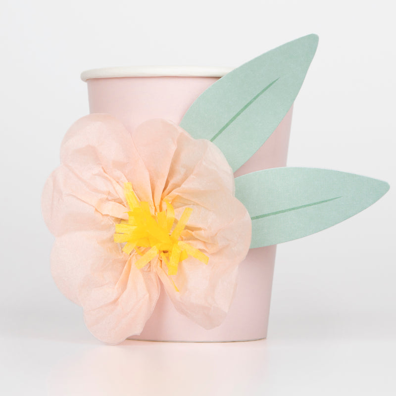 Pink floral paper cup with yellow and green flower spring theme from Parte Haus party supply store in Bethesda MD