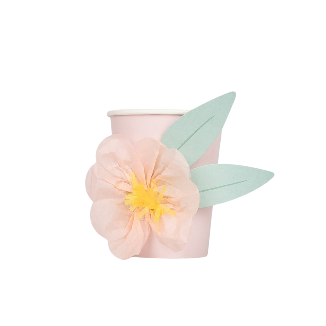 Pink floral paper cup with pastel flower and leaves for spring celebration from Parte Haus party supply store in Bethesda MD