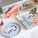Blue and orange airplane shaped plates and napkins for kids birthday from Parte Haus party supply store in Bethesda MD