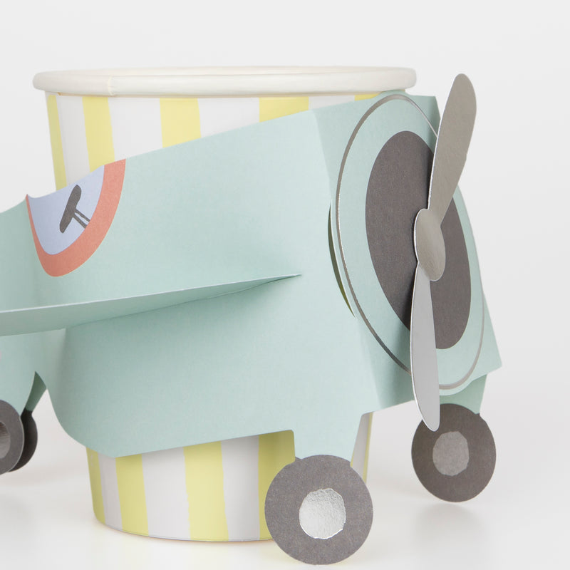 yellow striped airplane paper cup for kids birthday party from Parte Haus party supply store in Bethesda MD