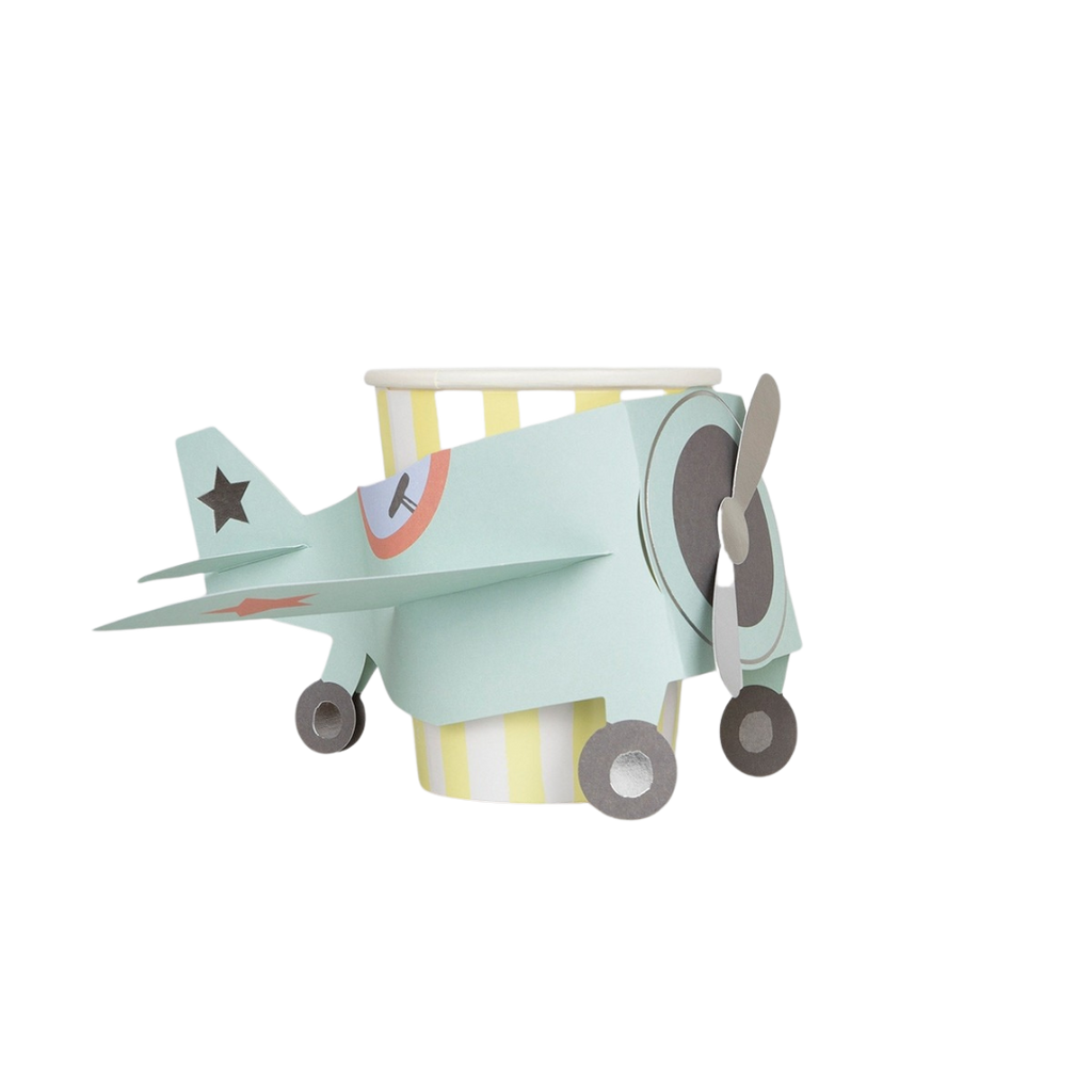 Pastel airplane cup with yellow and white stripes for kids birthday from Parte Haus party supply store in Bethesda MD