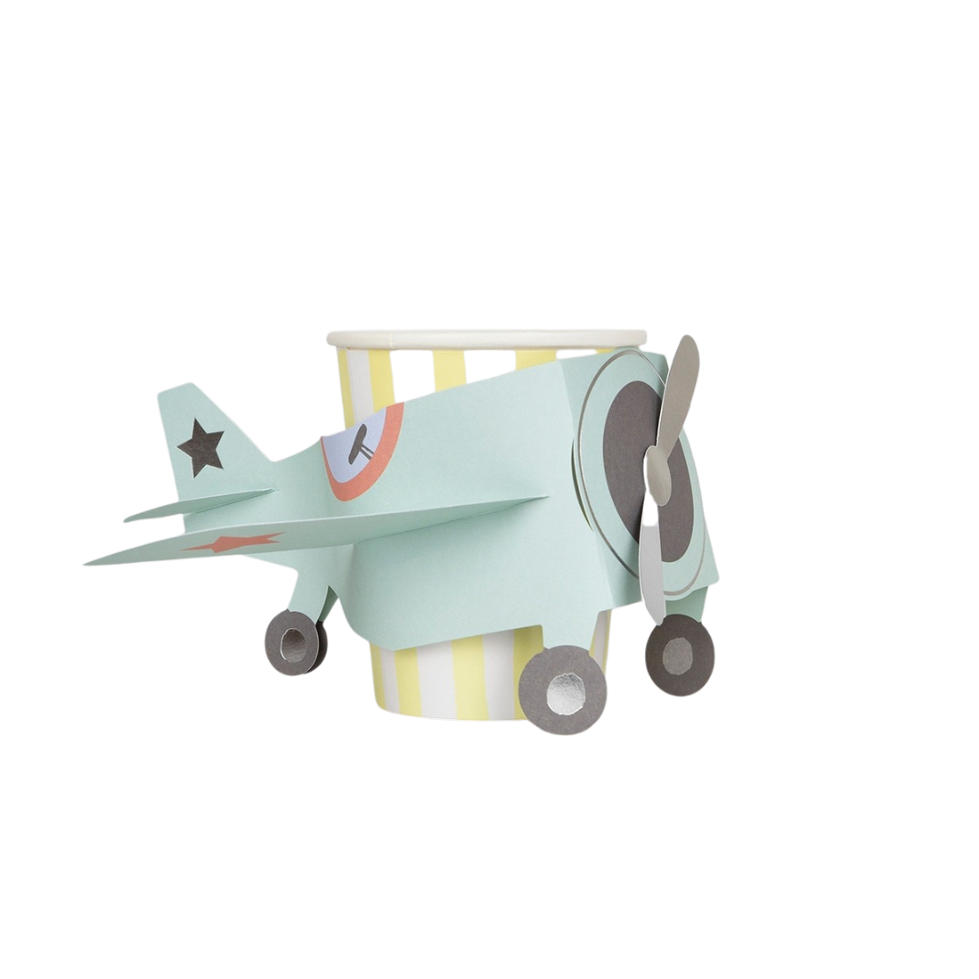 Pastel airplane cup with yellow and white stripes for kids birthday from Parte Haus party supply store in Bethesda MD