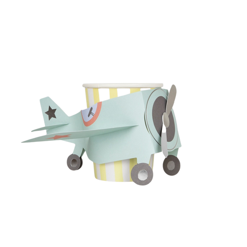 Pastel airplane cup with yellow and white stripes for kids birthday from Parte Haus party supply store in Bethesda MD
