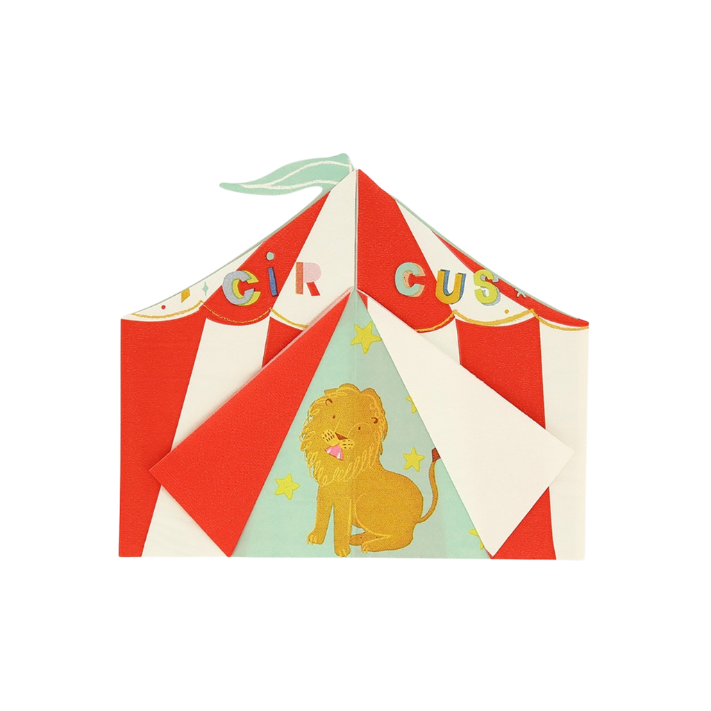 Red white circus tent shaped invitation with lion birthday design from Parte Haus party supply store in Bethesda MD
