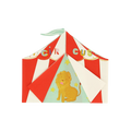 Red white circus tent shaped invitation with lion birthday design from Parte Haus party supply store in Bethesda MD