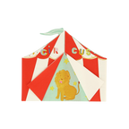 Red white circus tent shaped invitation with lion birthday design from Parte Haus party supply store in Bethesda MD